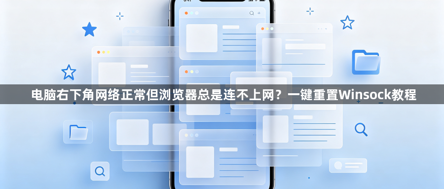 电脑右下角网络正常但浏览器总是连不上网？一键重置Winsock教程1